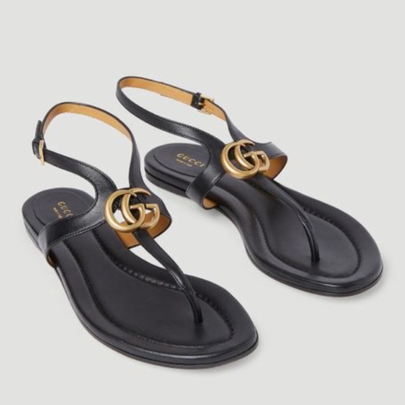 Gucci Double G Thong Leather Sandals in Black 37 - Picture 1 of 6